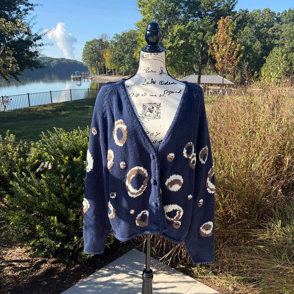 Vintage Maggie Lawrence Navy Abstract Circle Knit Cardigan Plus Size 26/28W Dead